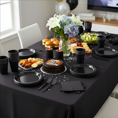 CLIYTICA Black Plastic Plates for Party,30 Guest Disposable Plastic Plate Set 9" Plates,7" Dessert Plates,Napkins,Cups,Forks & Tablecloth for Birthday,Halloween,Christmas,Graduations