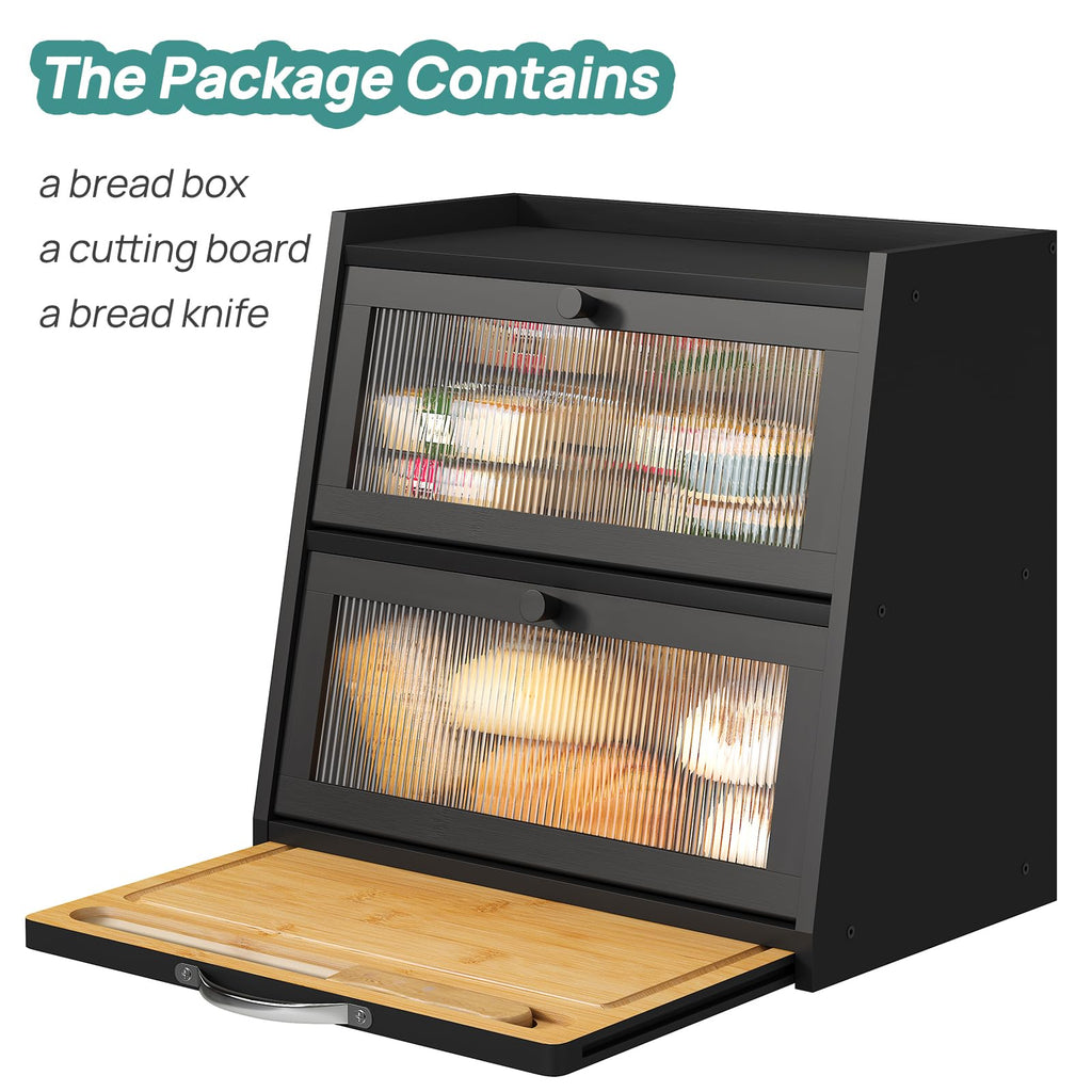 viewcare Bread Box for Kitchen Counter, Black Bread Box With Cutting Board, Bamboo Wood Large Capacity Bread Storage Bin with Acrylic Wavy Door Panel