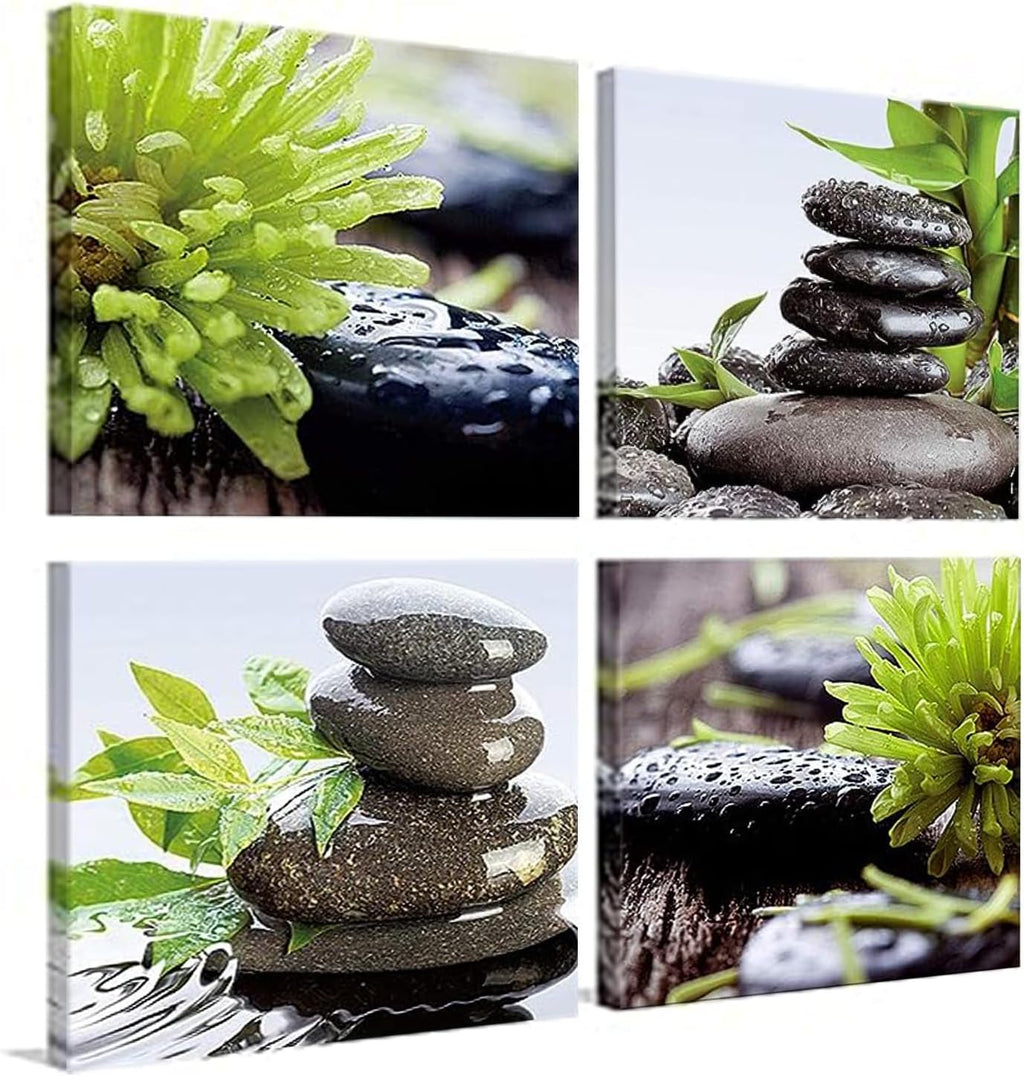 Zen Art Bathroom Wall Decor - Framed Meditation Canvas Art | Calming Green Plant Pictures, Set of 4 (12" x 12")
