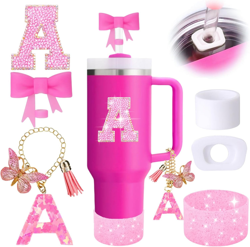 Stanley Cup Accessories Set - 6PCS Pink Initials Decorations for 30oz & 40oz Cups | Includes Bow Straw Topper & More