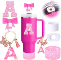 Stanley Cup Accessories Set - 6PCS Pink Initials Decorations for 30oz & 40oz Cups | Includes Bow Straw Topper & More