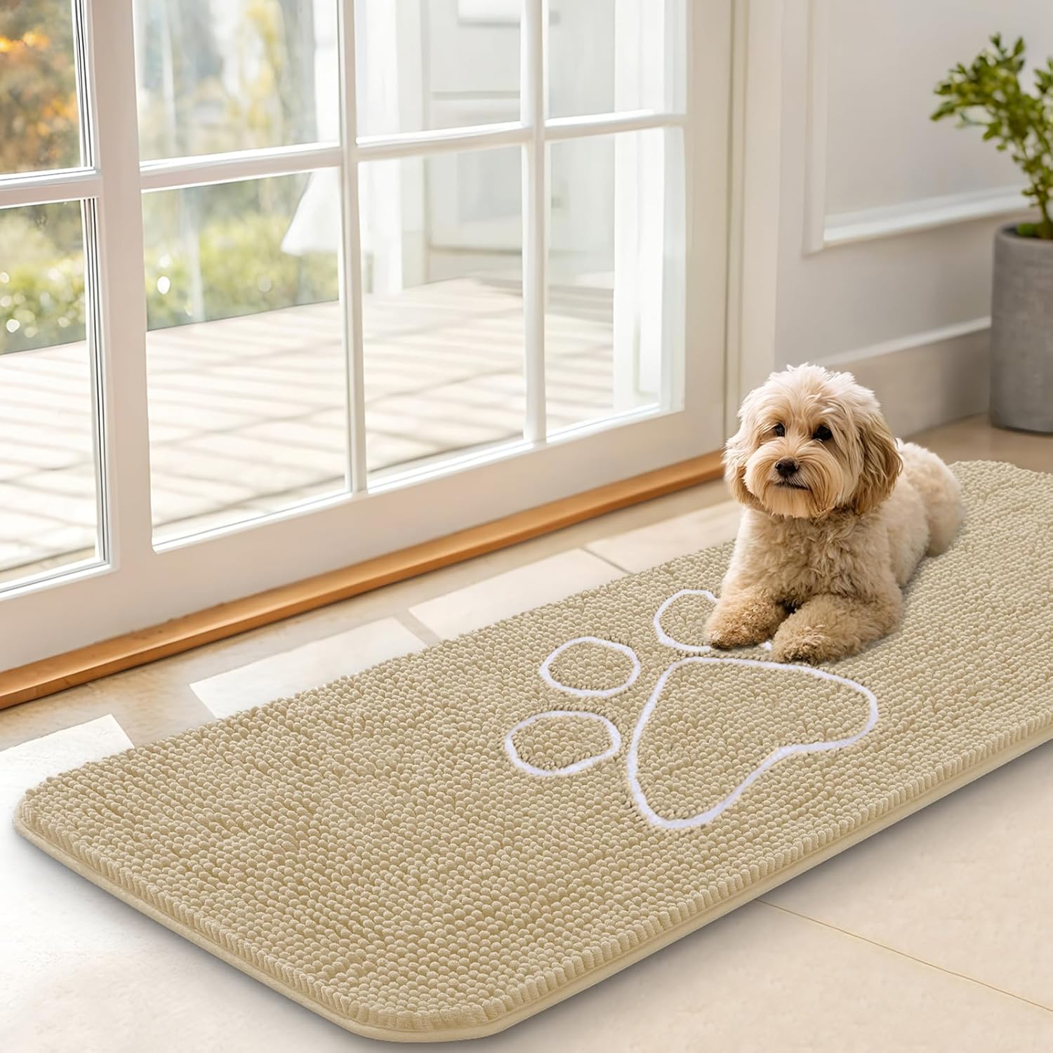 OLANLY Dog Door Mat - Absorbent Non-Slip Chenille Mat for Muddy Paws | 47x17 Inches, Beige