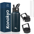 Skiennix 32 Oz Insulated Stainless Steel Water Bottle - Versatile Sport Bottle with 3 Lids | Navy Blue