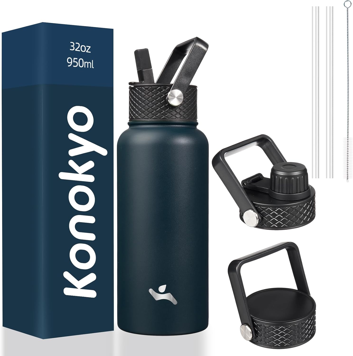 Skiennix 32 Oz Insulated Stainless Steel Water Bottle - Versatile Sport Bottle with 3 Lids | Navy Blue