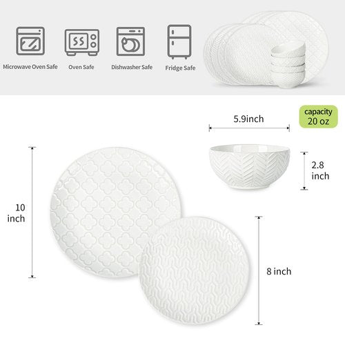 Sureasy 12-Piece Ceramic Dinnerware Set for 4 - Embossed Plates and Bowls Sets, Scratch Resistant Dish Set, Microwave, Oven & Dishwasher Safe, White