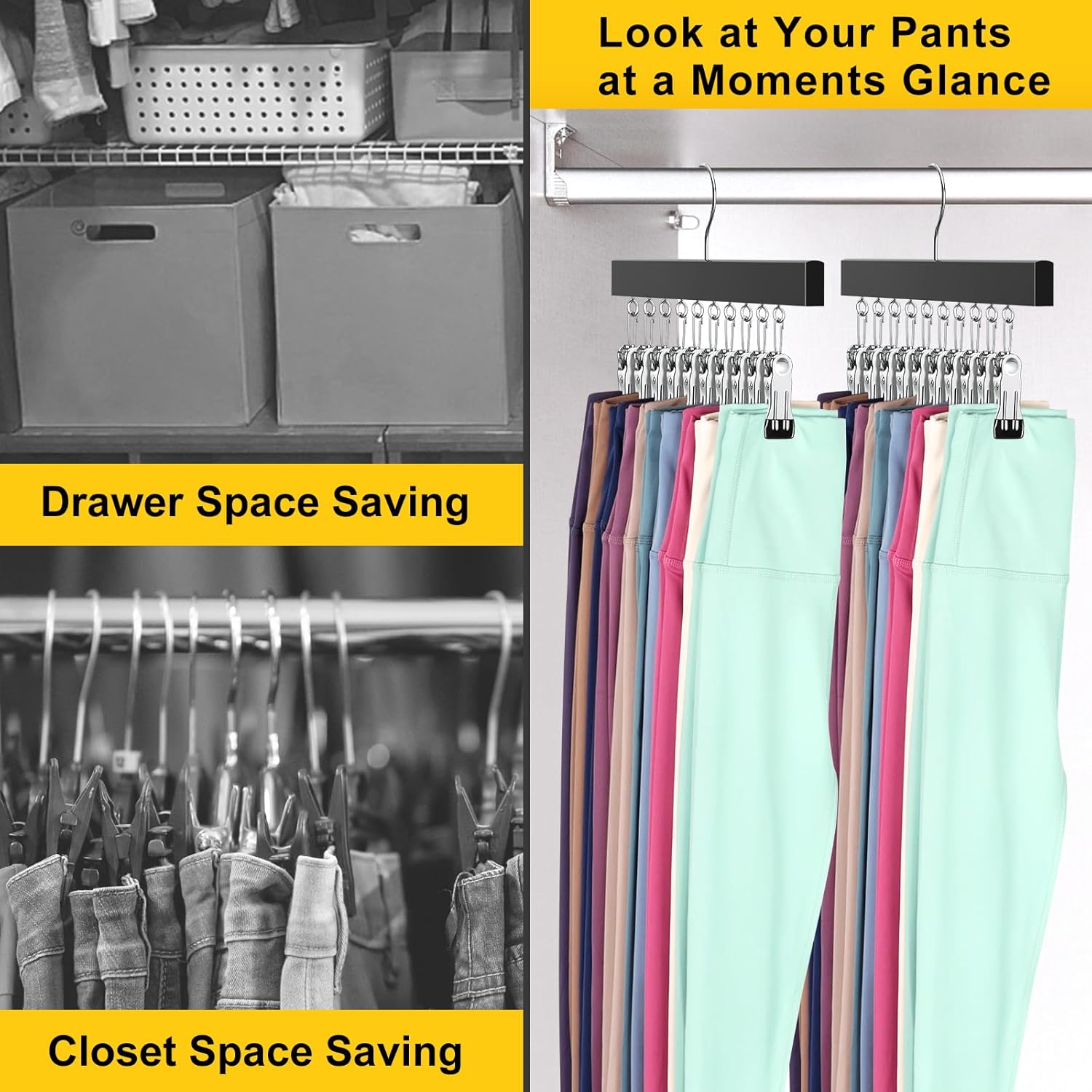Skiennix Legging Organizer - 360° Rotating Pants Hangers with Clips | Holds 20 Leggings & Jeans (2 Pcs)