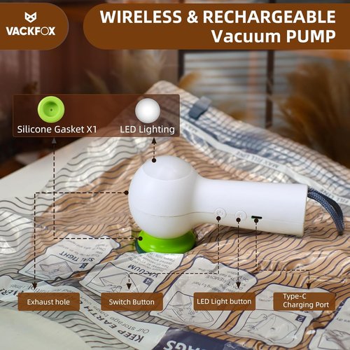 VACKFOX Vacuum Travel Bags with Rechargeable USB Pump,9 Pack Carry-On Size Vacuum Travel Bags for Luggage and Suitcase,Space Saver Compression Bags for Clothes and Clothing - with Electric Pump