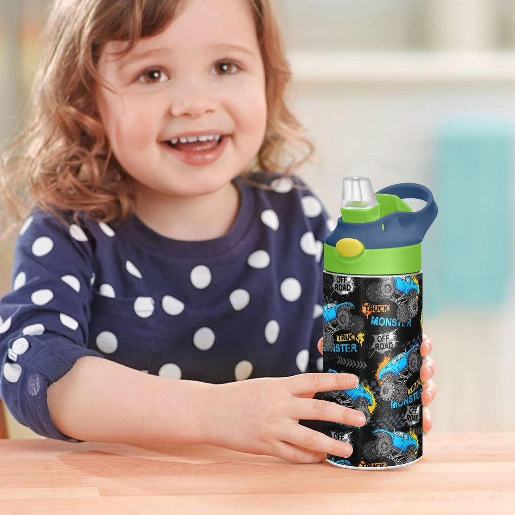 Monster Truck Tires Insulated Stainless Steel Water Bottle for Kids Toddlers Steel Cup with Straw & Handle Kids Cups for Boys Girls School Office Travel Sports Gym