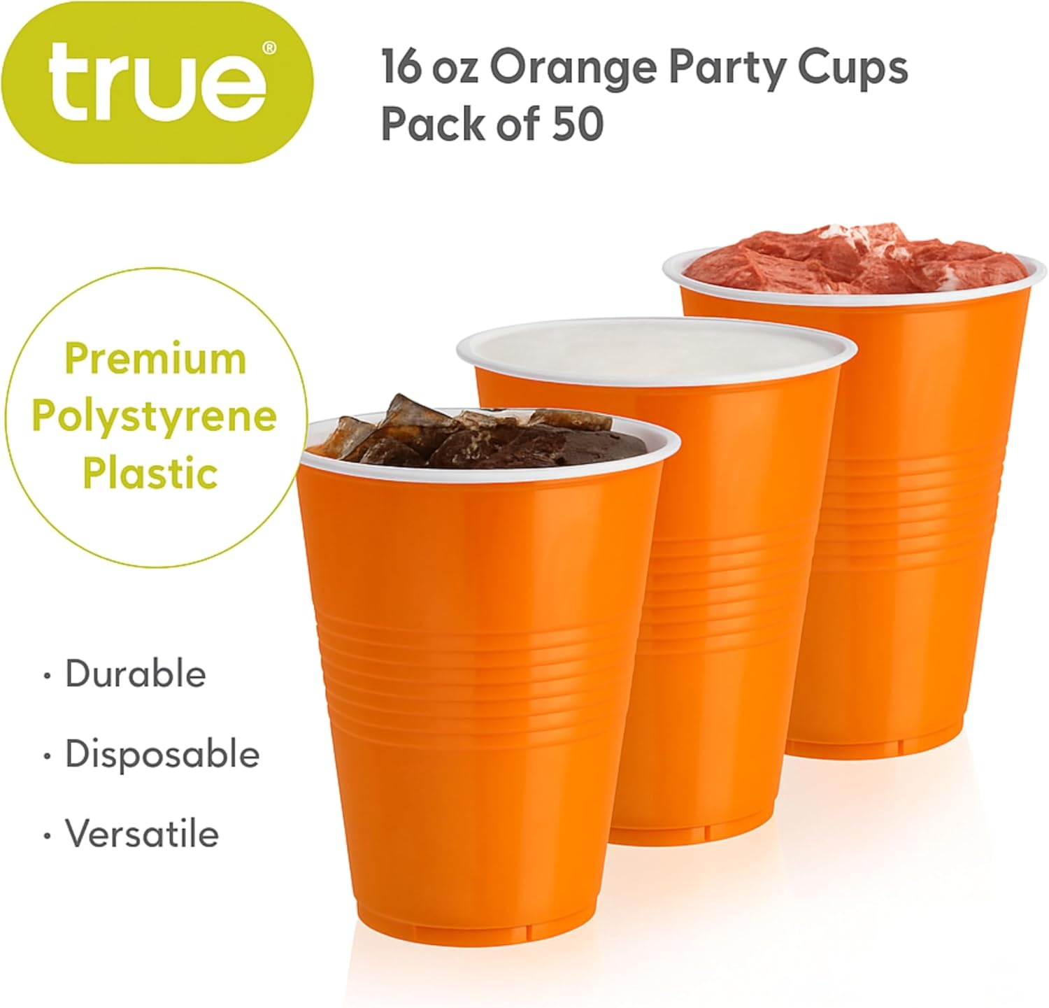 True Plastic Cups - 16 oz Disposable Cocktail & Soda Cups | Set of 50 in Vibrant Orange for Parties & Events