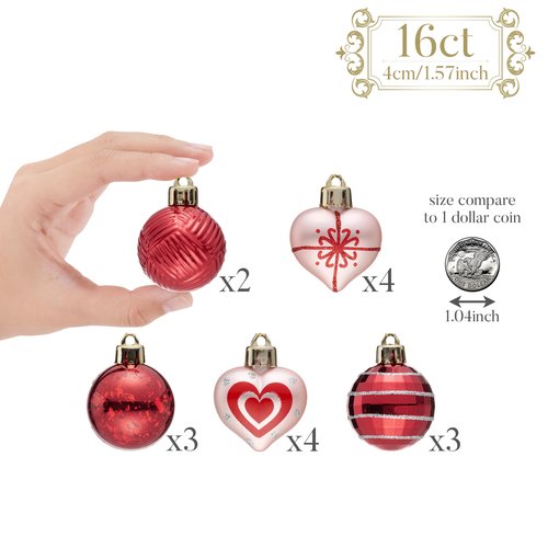 Valery Madelyn 16Pcs Valentines Heart Shaped Ornaments Gift Pack, Christmas Craft Painted Tree Decorations, Red Pink Silver Christmas Baubles Hanging Party Wedding Anniversary Decor 1.57 Inches