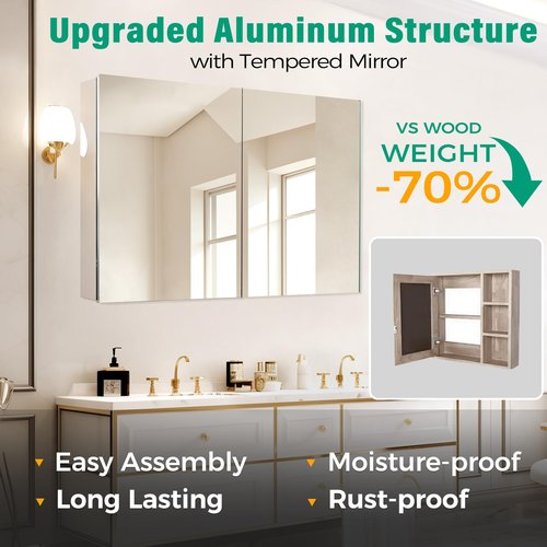 HABIUBIU 20 x 26 in Medicine Cabinet Mirror,Bathroom Mirror Cabinet with Adjustable Shelves,Aluminum Silver Medicine Cabinets for Bathroom,Recessed or Wall Mounted Medicine Cabinets（Assembly Required
