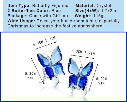 Kanpura Crystal Butterfly Figurines - 2 Pack Blue Glass Collectibles for Elegant Home Decor