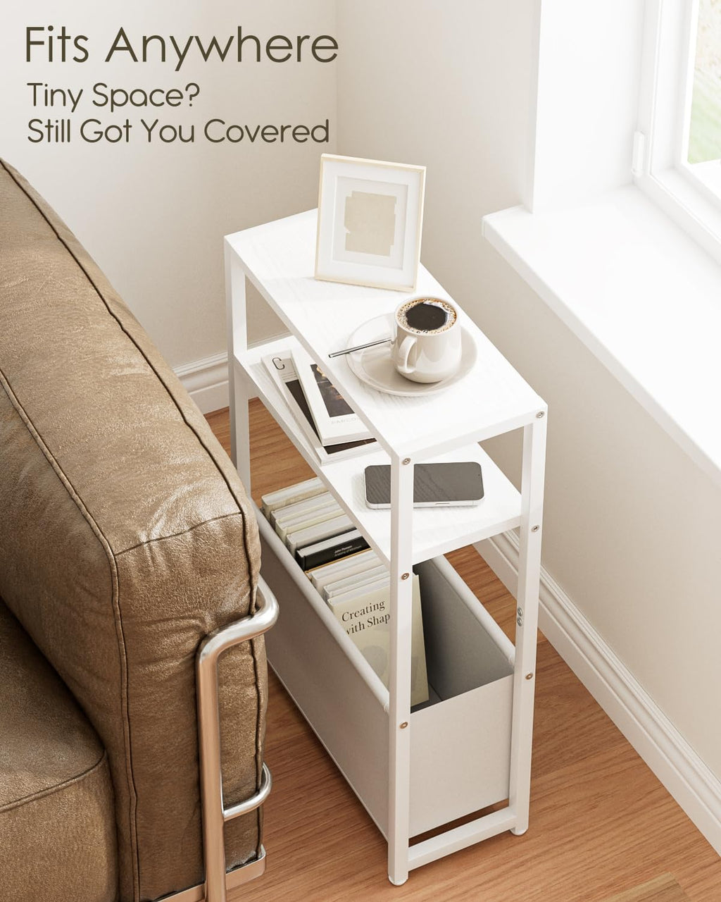 Apetaccat Narrow Side Table, 3-Tier Side Table with Storage Bag, Narrow Nightstand for Small Spaces, Bedside Table for Living Room, Bedroom, White