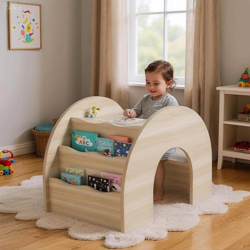 ZUNLANTK 3-in-1 Kids Desk and Chair Set, Toddler Desk with Bookshelf for Ages 2-7 | Arched Baby Bookshelf with Table for Reading Drawing Playing (Oak)