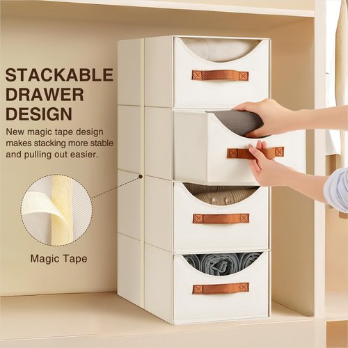 Homsorout Stackable Storage Drawers - Collapsible Storage Bins with Drawers, 4 Pack Closet Shelf Organizer Basket, Fabric Pull Out Organizer for Bedroom, Living Room, Dorm, Beige