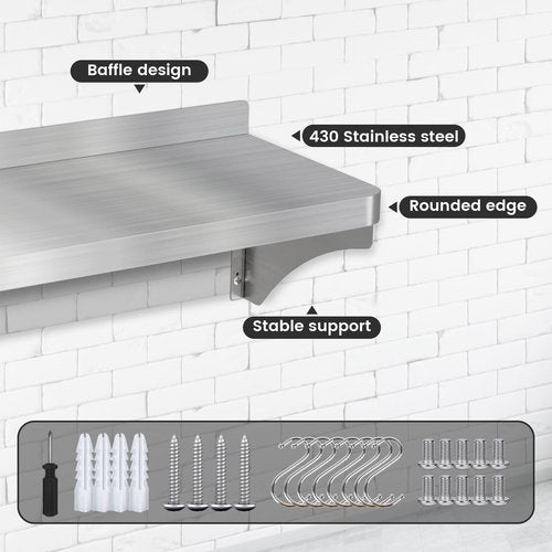 VENFAN 48" x 12" Stainless Steel Shelf Wall Mounted | Heavy-Duty Commercial Stainless Steel Shelf Storage with 8 Hooks for Kitchen Wall, Restaurant, Garage and Microwave Oven