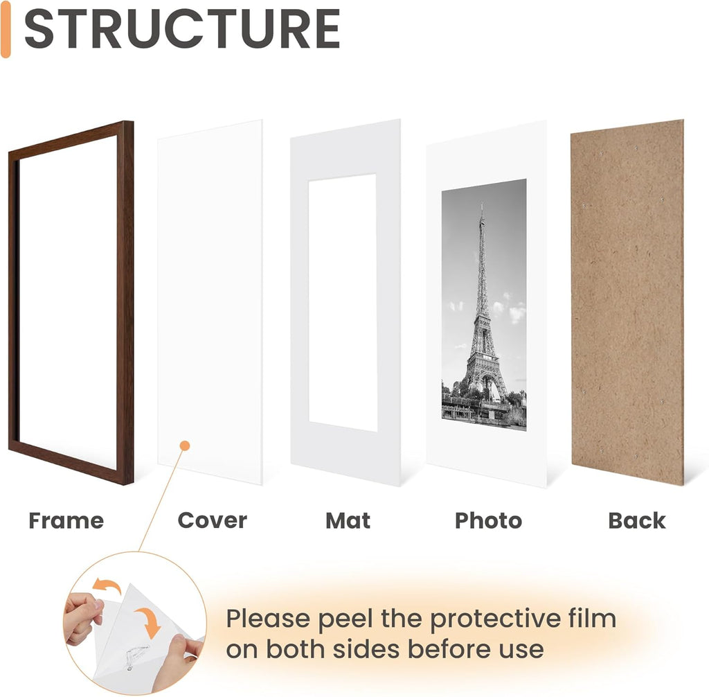 Upsimples 12x16 Picture Frame Set of 5 - Stylish Wall Gallery Frames for 8.5x11 or 12x16 Photos - Brown