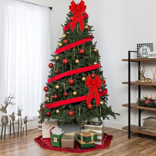 Yuubin 6 Pcs Red Christmas Bows Outdoor Decorations,12”x20” Large Velvet Wreath Bow with Glitter String Gold Edge for Xmas Tree Topper Home Front Door Decor