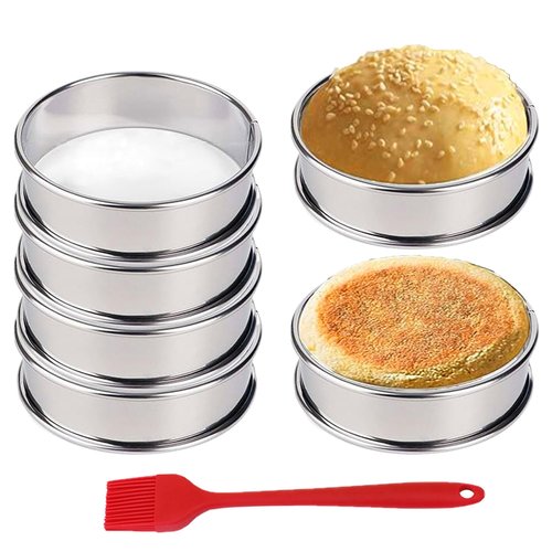HLMOptimo English Muffin Rings, Stainless Steel Crumpet Rings, 4 inch 6 Pcs Nonstick Metal Round Ring Molds with Silicone Oil Brush