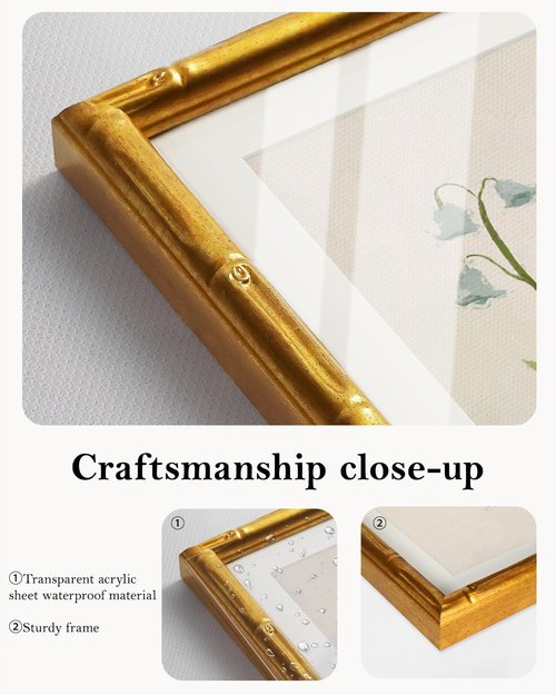 Framed White Flower Canvas Print - Minimalist Botanical Art with Gold Bamboo Frame | 11x14 Size