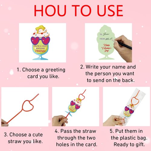 AouEtnay 32 Pack Valentines Day Cards Gifts for Kids Crazy Straw Valentines Gifts for Girls Boys Classroom Gift Exchange, School Prizes, Party Favors