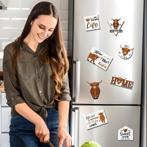 Farmhouse Highland Cow Refrigerator Magnets - Thrist 8PCS Farm Animal Refrigerator Magnets for Fridge Farm Themed Highland Cow Refrigerator Magnet for Home Kitchen Office Decor