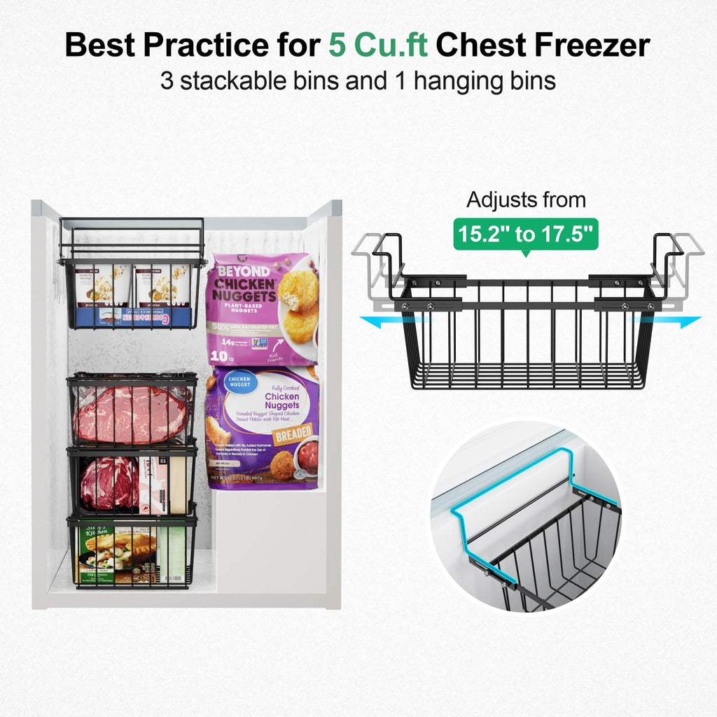 iSPECLE Chest Freezer Organizer Bins- 15.2" ~ 17.5" Freezer Baskets for Chest Freezer, Fit 5 Cu.Ft, Adjustable Hanging Baskets, 2 Pack Black