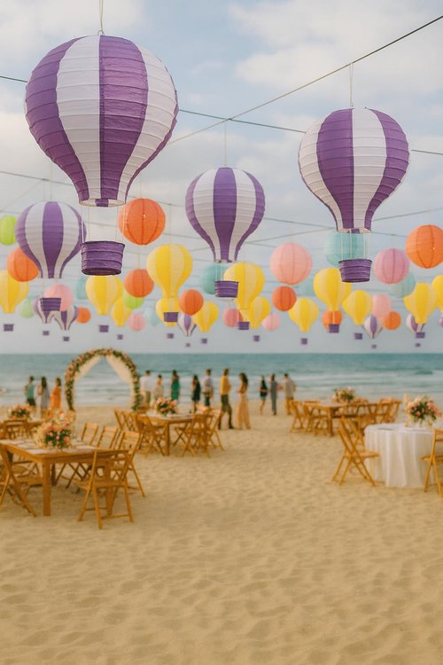 Pack of 3 Stripy Hot Air Balloon Paper Lantern Wedding Party Decoration Craft Lamp Shade (Purple, 16" (40CM))