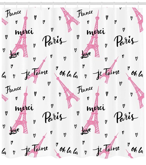 Ambesonne Eiffel Tower Shower Curtain, France Paris Oh La La Eiffel Tower Hearts Calligraphy Doodle Style Artwork, Cloth Fabric Bathroom Decor Set with Hooks, 69" W x 70" L, Black Pink