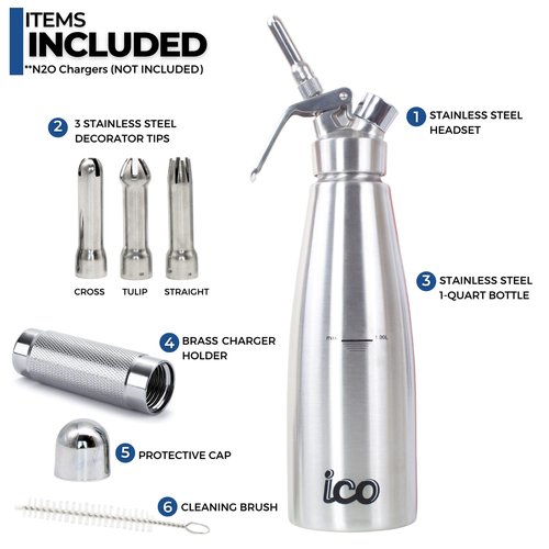 ICO 1 L (1 Quart) Professional Stainless Steel Whipped Cream Dispenser for Homemade Whipping Cream, Whipped Cream Dispenser for Desserts, Dips, Sauces, and Infused Oils & Liquors