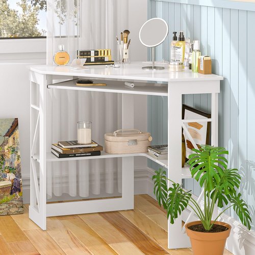 VECELO Corner Computer Desk 41x30 inches with Charging Station & Keyboard & Storage Shelves for Small Space,Triangle Table for Home Office Bedroom,White