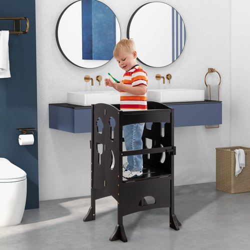 Costzon Toddler Tower, Foldable Kids Kitchen Step Stool w/Safety Rail, Height Adjustable Wood Standing Tower for Toddlers, Montessori Child Tower for Bathroom, Kitchen Counter