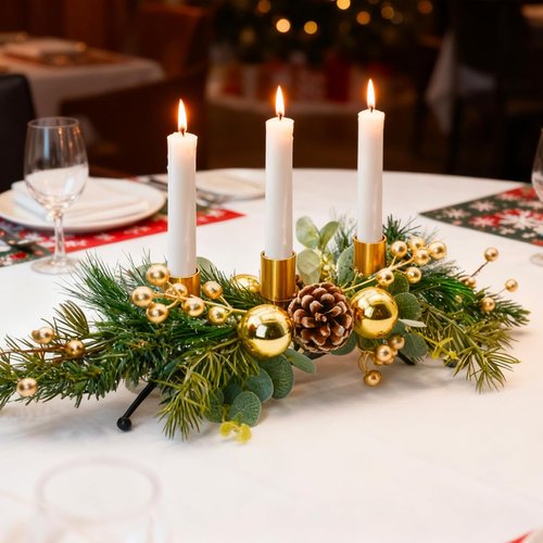 MrMrKura Christmas Tabletop Centerpiece - 3 Candle Holders with Pine Cones & Red Berries | Gold Decor