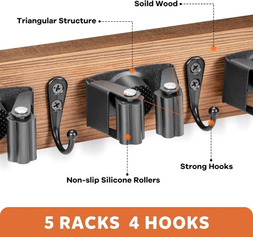 IMILLET Broom Holder Wall Mount - Rustic Wood Organizer with 5 Racks & 4 Hooks for Home & Garden Storage