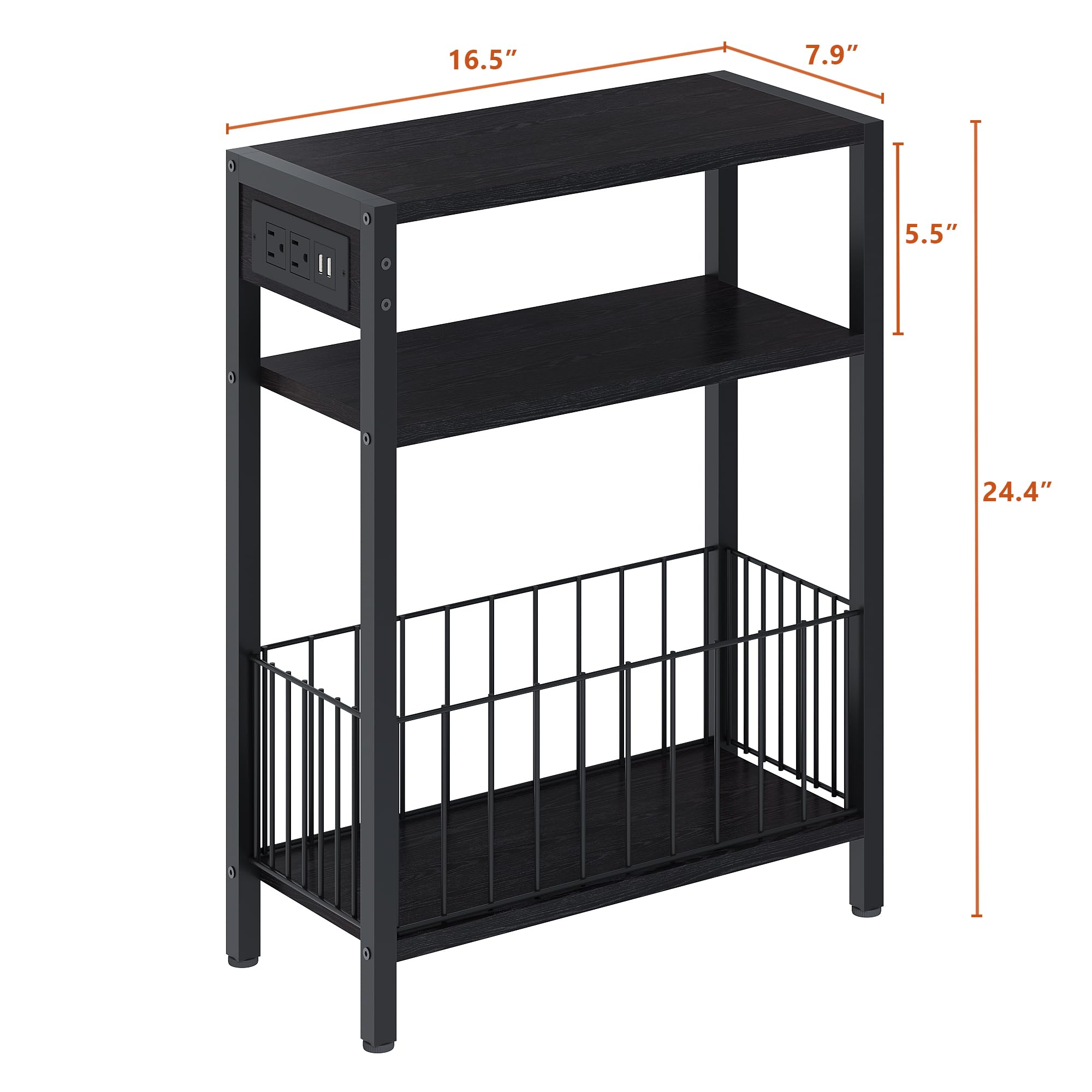 TRIFEBLE Narrow Side Table with Charging Station, Small End Table for Small Spaces, Slim Nightstand with Storage Basket, 3 Tier Skinny Bedside Table for Living Room, Bedroom, Black