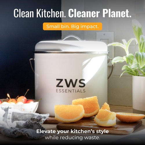 ZWS Essentials White Stainless Steel Compost Bin | 6.5L Odor-Free Kitchen Countertop Food Scrap Pail with Charcoal Filter | Compact Zero Waste Solution for Home and Apartment Kitchens