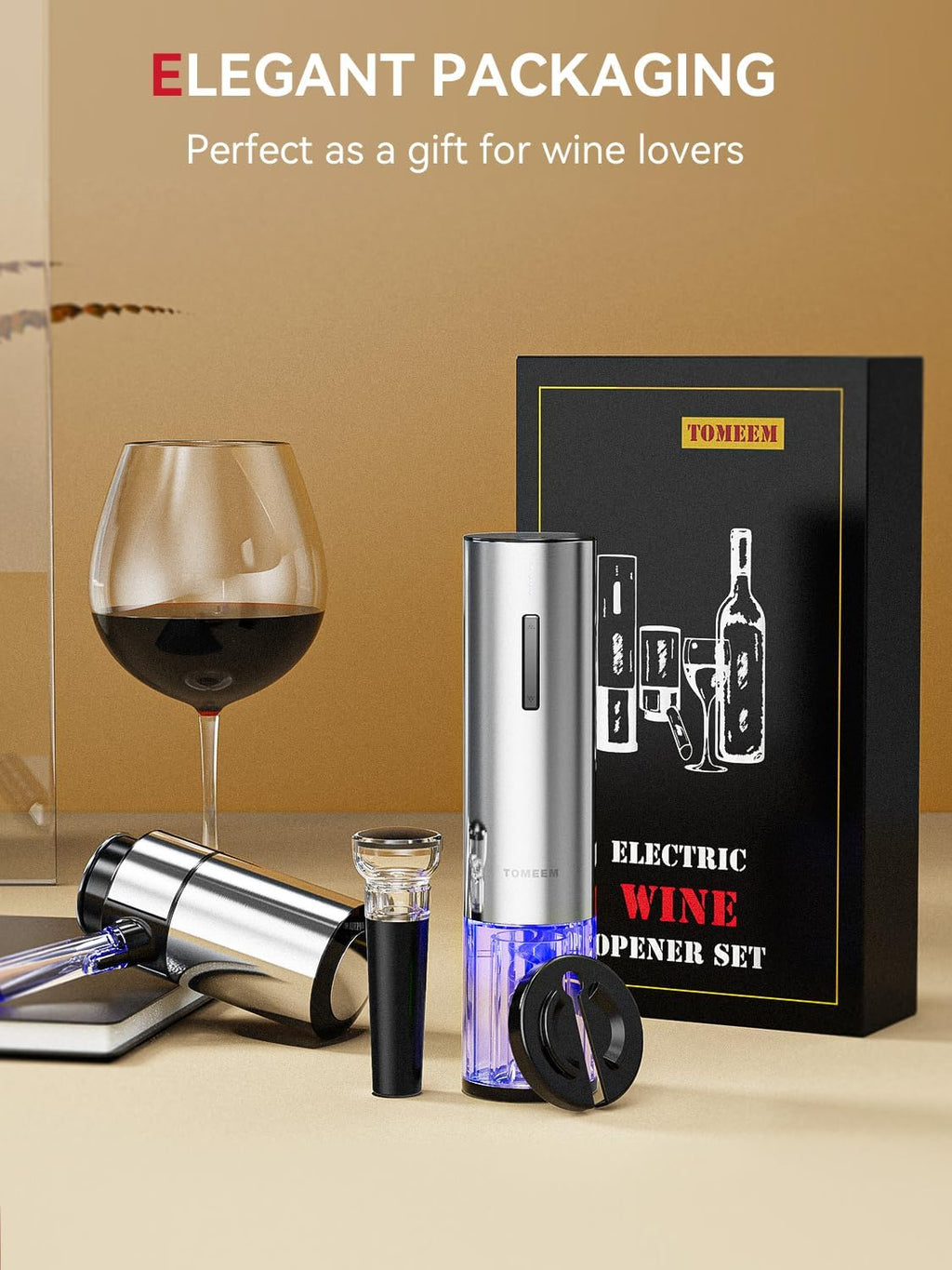 Rechargeable Electric Wine Gift Set - Aerator, Vacuum Stoppers, Foil Cutter and Bottle Opener for Home Bar and Outdoor Parties