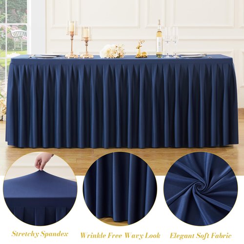 2 Pack Navy Blue Rectangle Tablecloth 8 FT Stretch Spandex Fitted Table Cloth for 8 Foot Rectangle Tables Banquet Tablecloths Wrinkle Free Table Cover Skirt Stitch Ruffle Tablecloth for Party Wedding