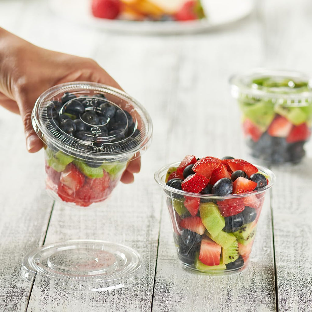 GUSTO 9 oz. Clear Plastic Cups With Flat Lids 50 Count (No Hole), Fruit Cups with Lids for Party - Perfect for Smoothies, Milkshakes, and To-Go Beverages -(Formelry Comfy Package)