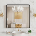 LOAAO Black Metal Framed Bathroom Mirror - 38x38 Inch Rounded Rectangle, Anti-Rust, Versatile Hanging Options