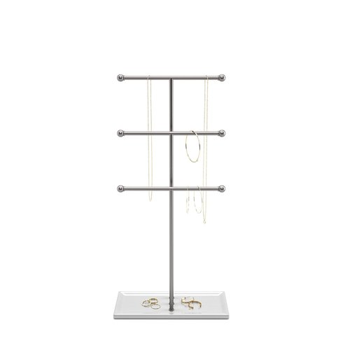 Umbra Trigem Hanging Jewelry Organizer Tiered Tabletop Free Standing Necklace Holder Display, White/Nickel