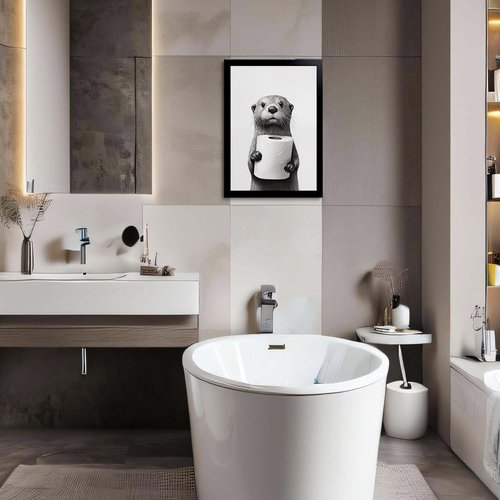 ILLBDR Bathroom Wall Art - Humorous Black and White Otter Canvas Print | Framed 8"x10" Decor