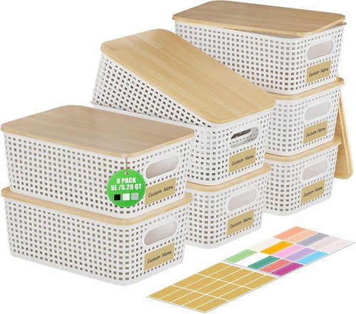 8 Pack Plastic Storage Bins by [Brand Name] - Stackable Baskets with Bamboo Lids for Organized Pantry & Office