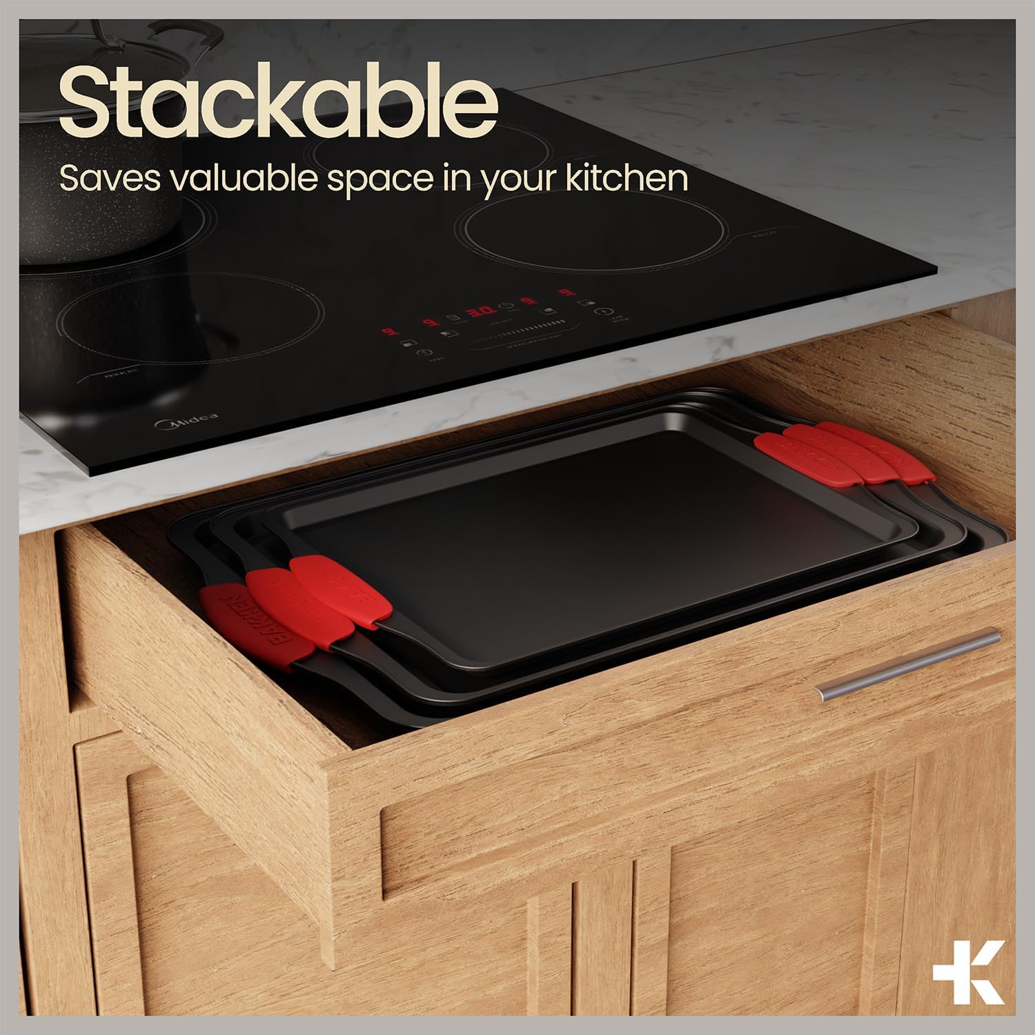 Bakkenmaster Baking Set - 8-Piece Non-Stick Oven Bakeware Set with Red Silicone Handles - Carbon Steel
