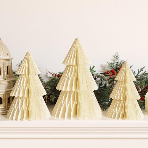 3 Pcs Honeycomb Paper Christmas Tree 8" 10" 12" Modern Christmas Decor 3D Paper Honeycomb Tree for Xmas Mantel Decorations Holiday Xmas Festive Party Supplies(White)