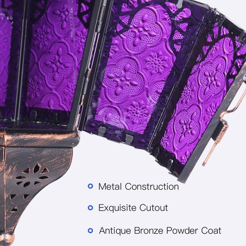 Needomo Moroccan Lantern - 13.5'' Vintage Metal Candle Holder with 14.8'' Chain | Indoor/Outdoor Decor (Purple)