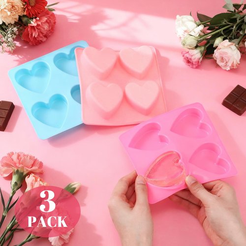 Qinyoung 3 Pcs Heart Shaped Silicone Molds Nonstick Heart Chocolate Muffin Molds for Galentine Valentine's Day Candy, Brownies, Tartlets, Soaps, Pudding, Dessert Baking(Small,4 Holes,Pink,Blue)