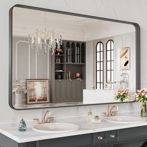 LOAAO Black Metal Framed Bathroom Mirror - 48x28 Inch, Anti-Rust, Tempered Glass, Versatile Hanging Options