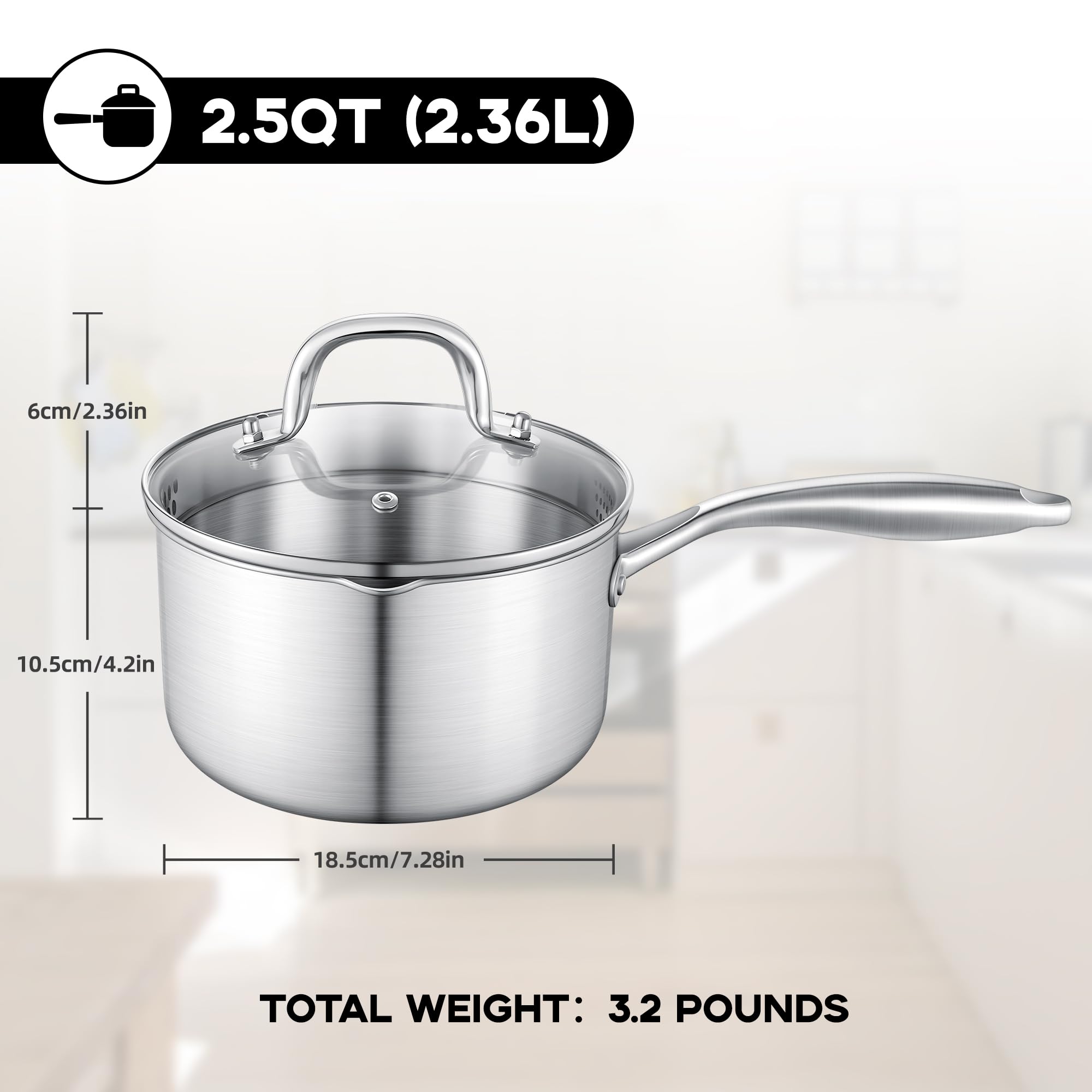 Leetaltree 2.5 Quart Stainless Steel Saucepan with Glass Strainer Lid, Thicken Tri-ply Ful Body, Multipurpose Sauce Pot with Two-Size Drainage Holes Lid, Perfect For Boiling Gravies, Pasta, Noodles