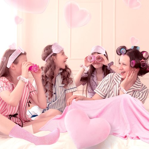 Fanfanwin 48 Pcs Sleepover Party Supplies Spa Birthday Slumber Pajamas Galentines Party Favors Coquette Throw Blanket Pillow Headband Scrunchies Eye Mask Cup Socks(Pink,Solid Color)